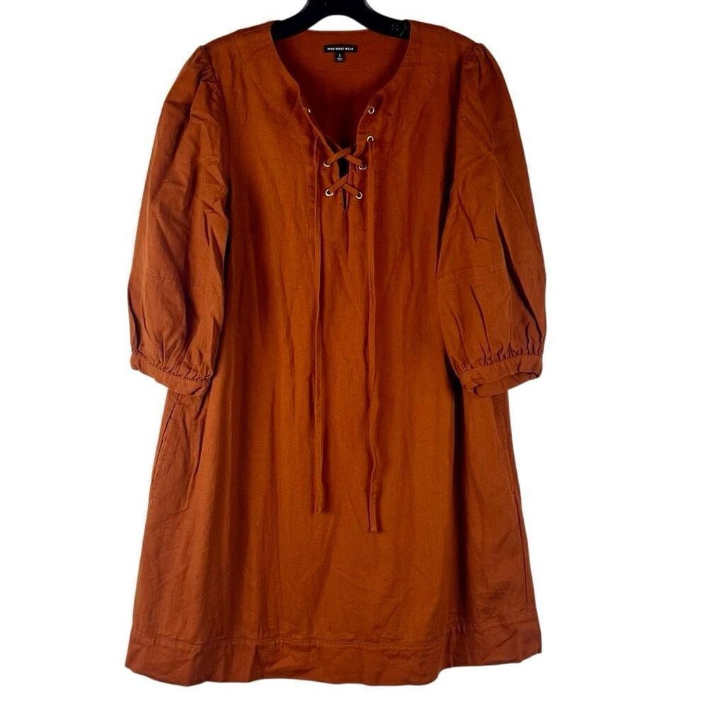 Who What Wear Burnt Orange Linen Blend Lace-Up Neckline Puff Sleeve Dress Small
